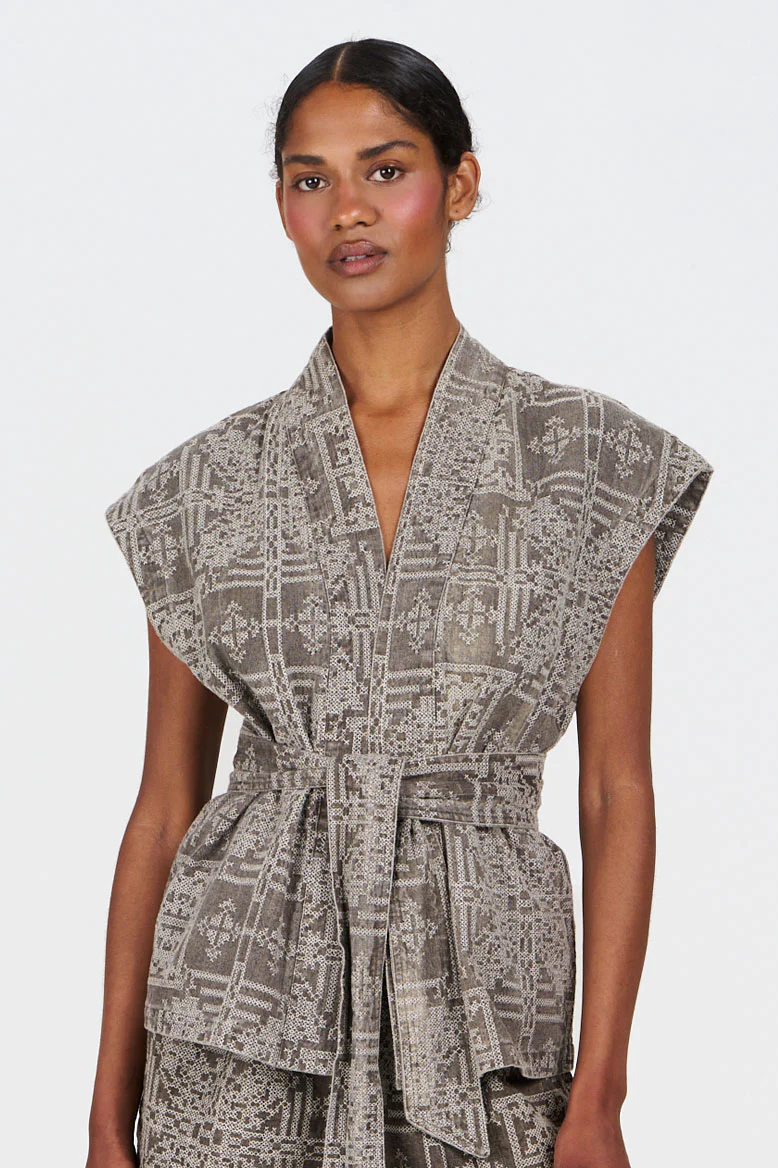 GEORGIE Organic Linen Cotton Gilet - Mushroom Crossstich - Image 2