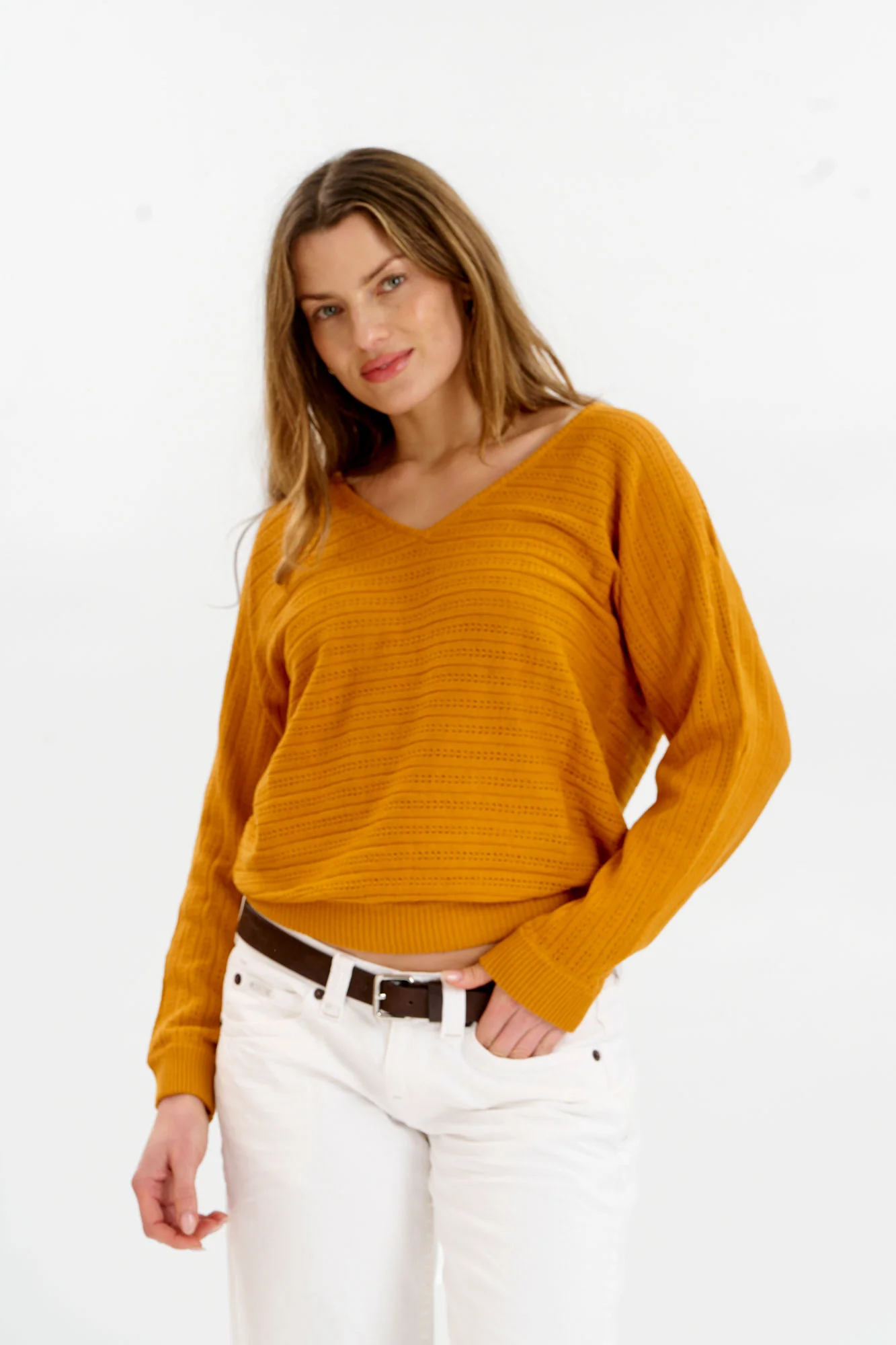 PIA Organic Cotton Pointelle Jumper - Mustard - Image 2